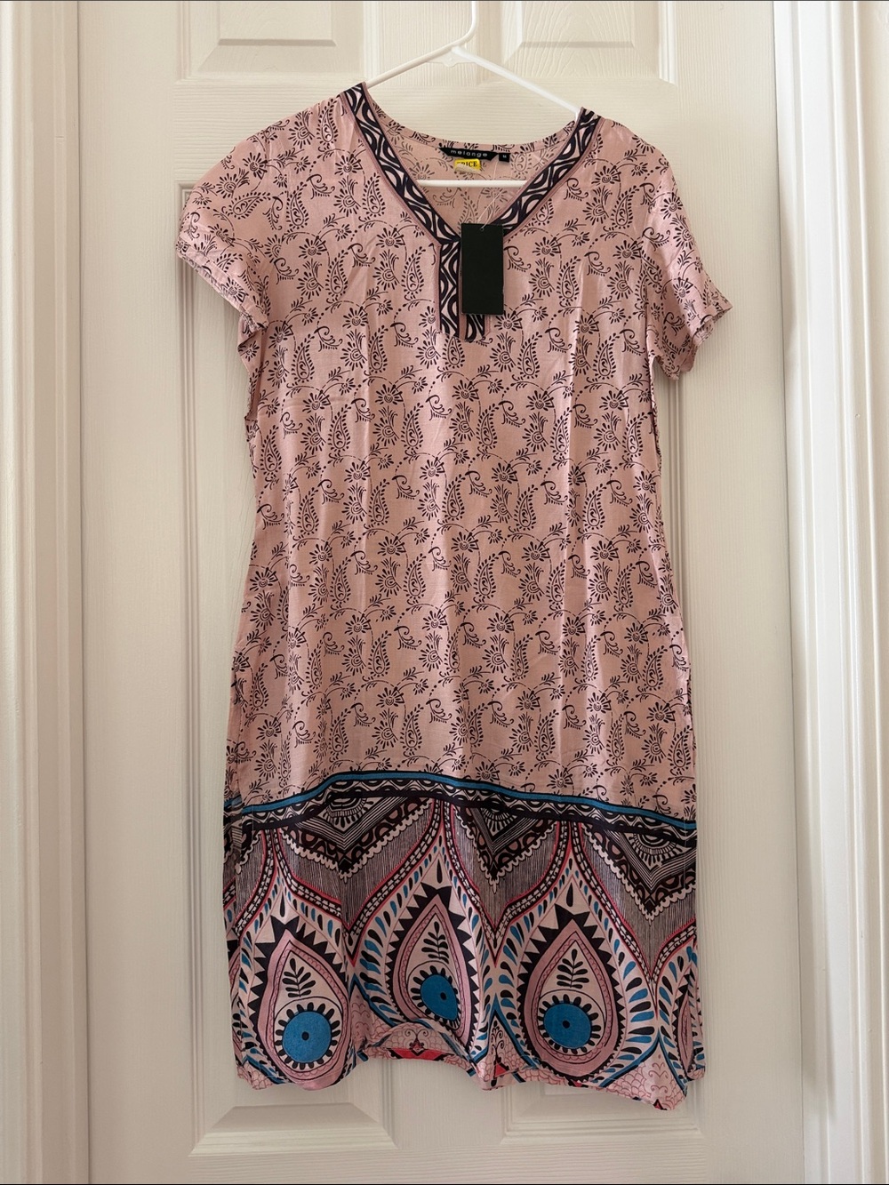 Melange Pink Printed silk Short-Sleeve Kurti with Blue/brown Border